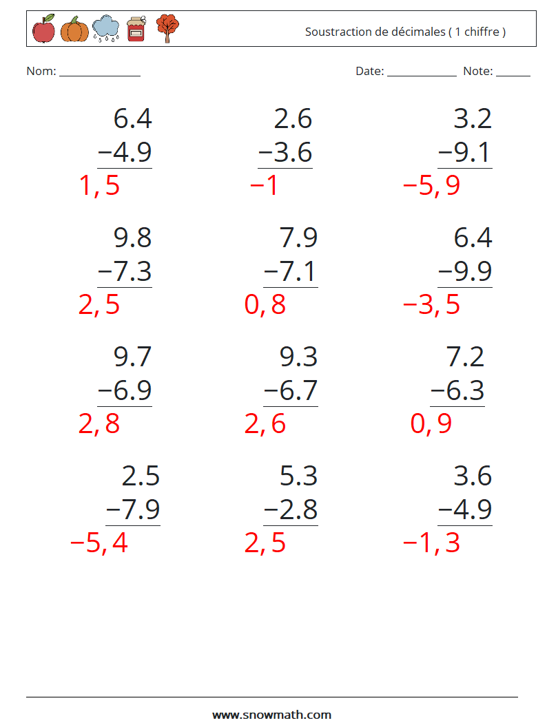 (12) Soustraction de décimales ( 1 chiffre ) Fiches d'Exercices de Mathématiques 14 Question, Réponse