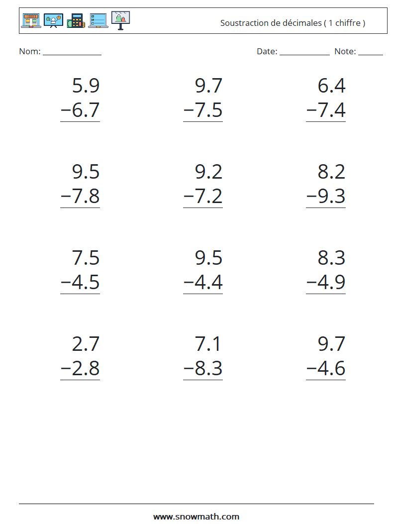 (12) Soustraction de décimales ( 1 chiffre ) Fiches d'Exercices de Mathématiques 16