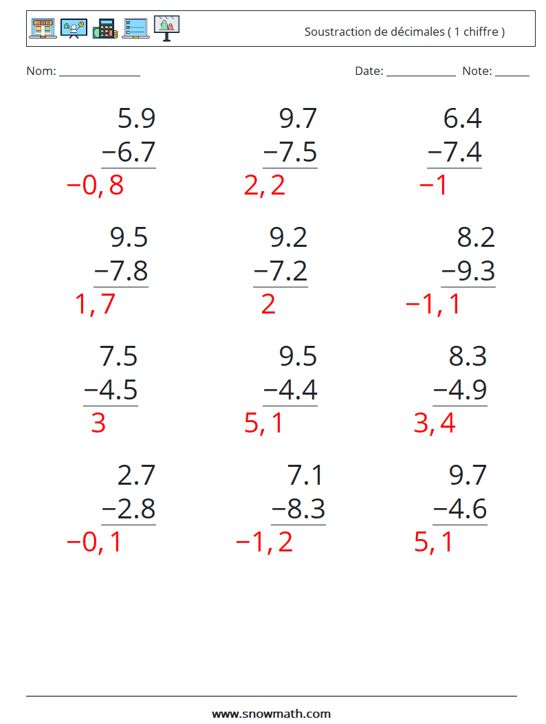 (12) Soustraction de décimales ( 1 chiffre ) Fiches d'Exercices de Mathématiques 16 Question, Réponse