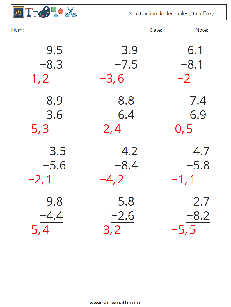 (12) Soustraction de décimales ( 1 chiffre ) Fiches d'Exercices de Mathématiques 17 Question, Réponse