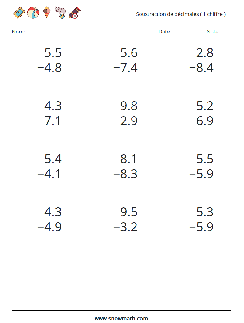 (12) Soustraction de décimales ( 1 chiffre ) Fiches d'Exercices de Mathématiques 18