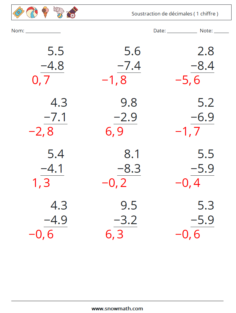 (12) Soustraction de décimales ( 1 chiffre ) Fiches d'Exercices de Mathématiques 18 Question, Réponse