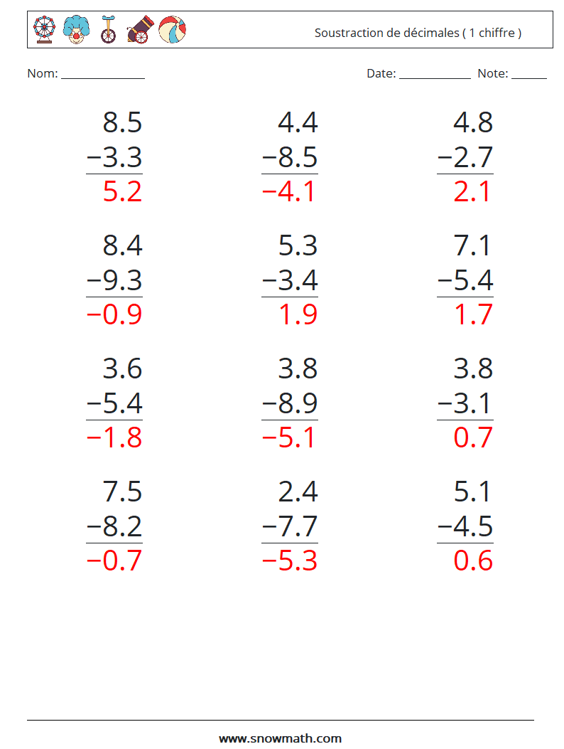 (12) Soustraction de décimales ( 1 chiffre ) Fiches d'Exercices de Mathématiques 1 Question, Réponse