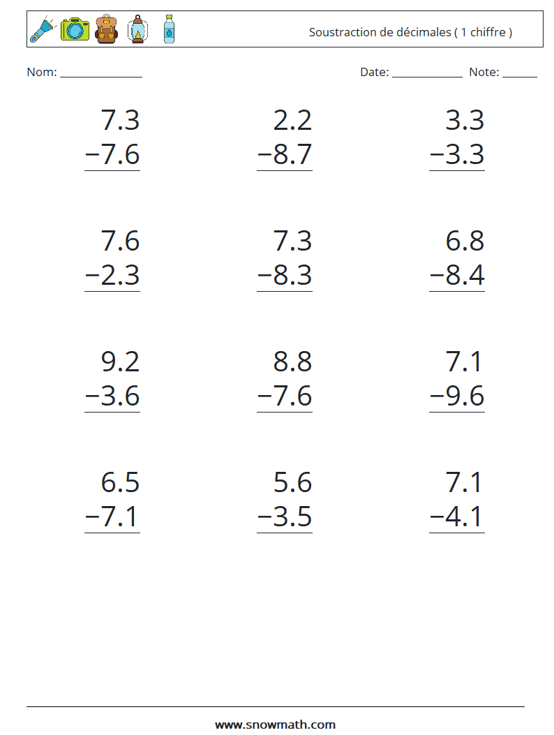 (12) Soustraction de décimales ( 1 chiffre ) Fiches d'Exercices de Mathématiques 2