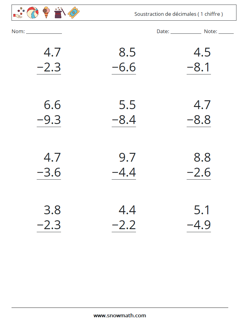 (12) Soustraction de décimales ( 1 chiffre ) Fiches d'Exercices de Mathématiques 3