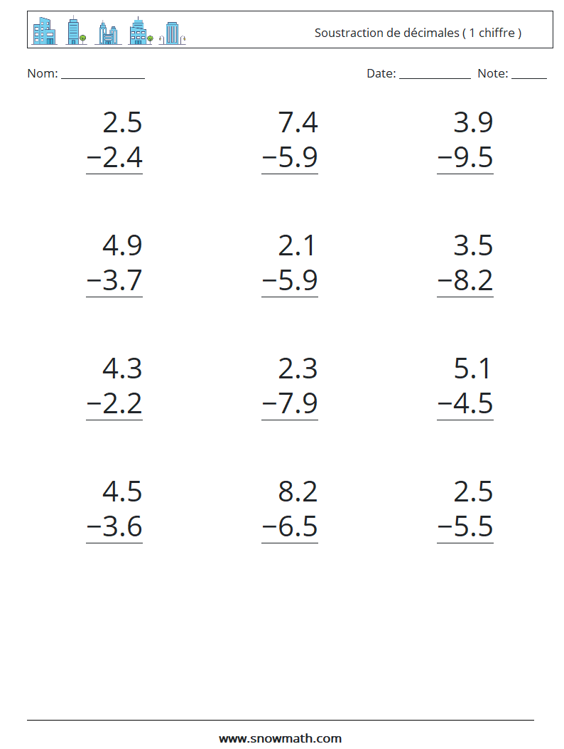 (12) Soustraction de décimales ( 1 chiffre ) Fiches d'Exercices de Mathématiques 4