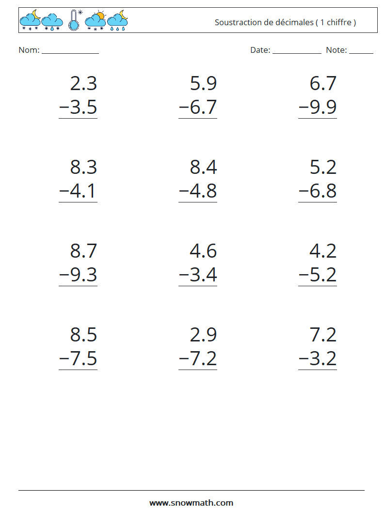 (12) Soustraction de décimales ( 1 chiffre ) Fiches d'Exercices de Mathématiques 5