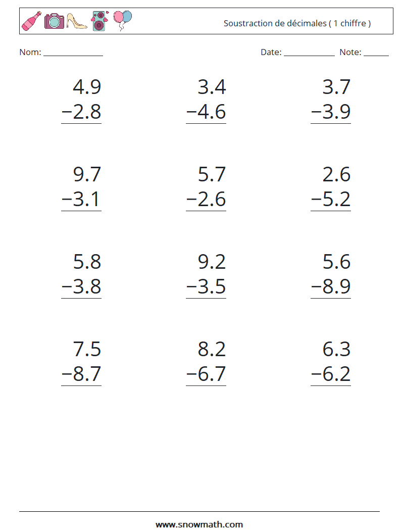 (12) Soustraction de décimales ( 1 chiffre ) Fiches d'Exercices de Mathématiques 6