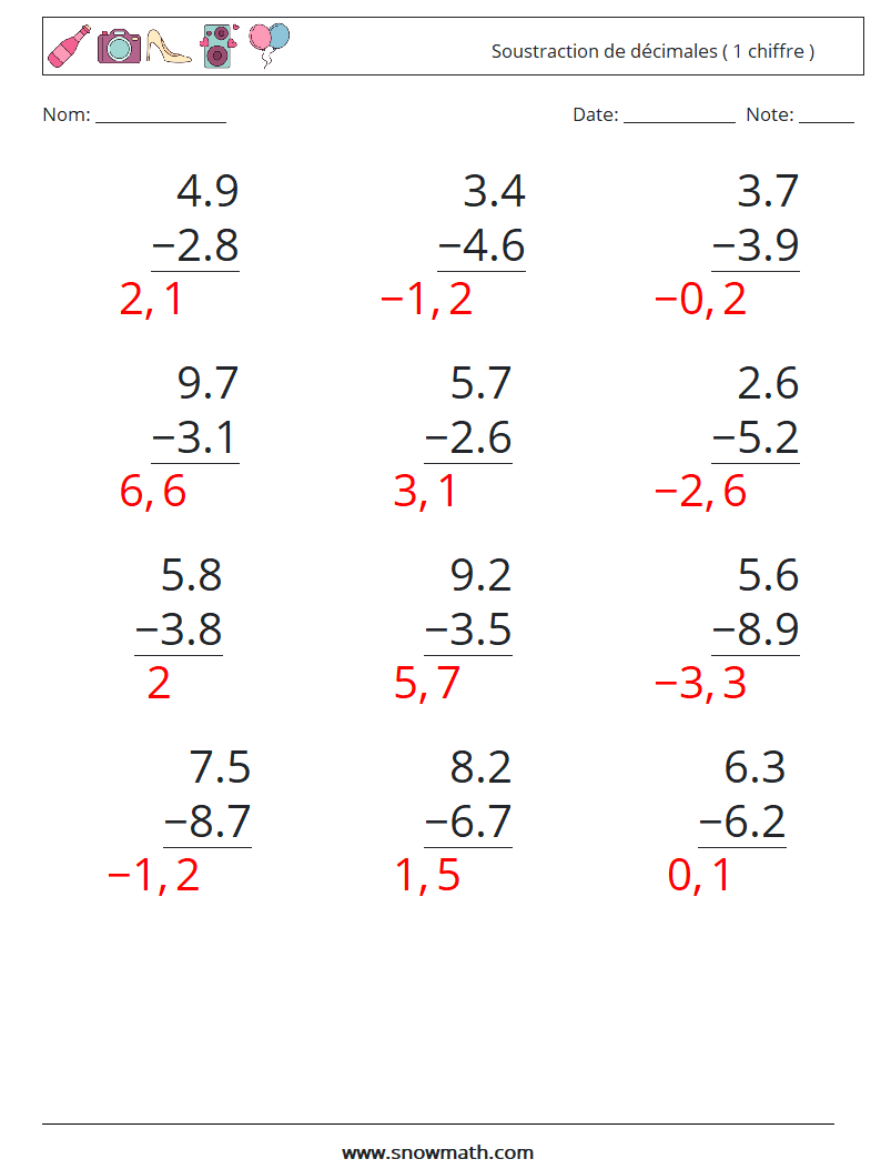 (12) Soustraction de décimales ( 1 chiffre ) Fiches d'Exercices de Mathématiques 6 Question, Réponse