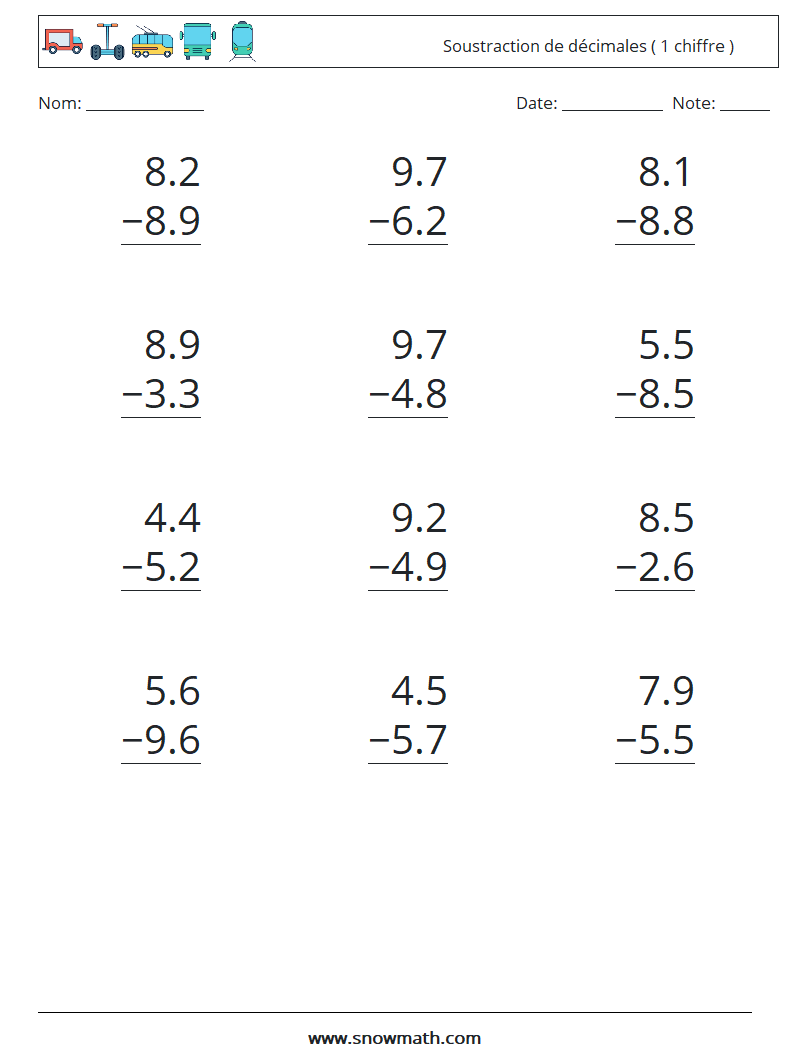 (12) Soustraction de décimales ( 1 chiffre ) Fiches d'Exercices de Mathématiques 7