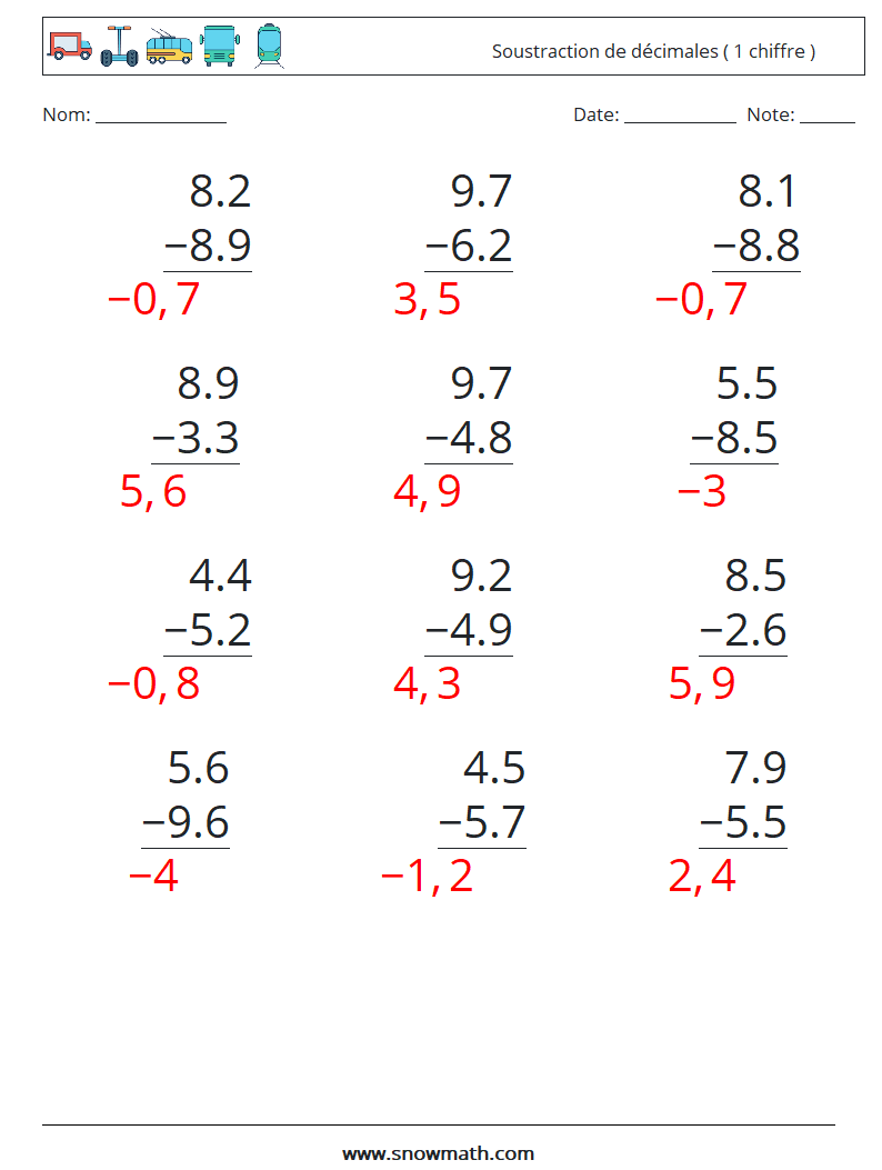 (12) Soustraction de décimales ( 1 chiffre ) Fiches d'Exercices de Mathématiques 7 Question, Réponse