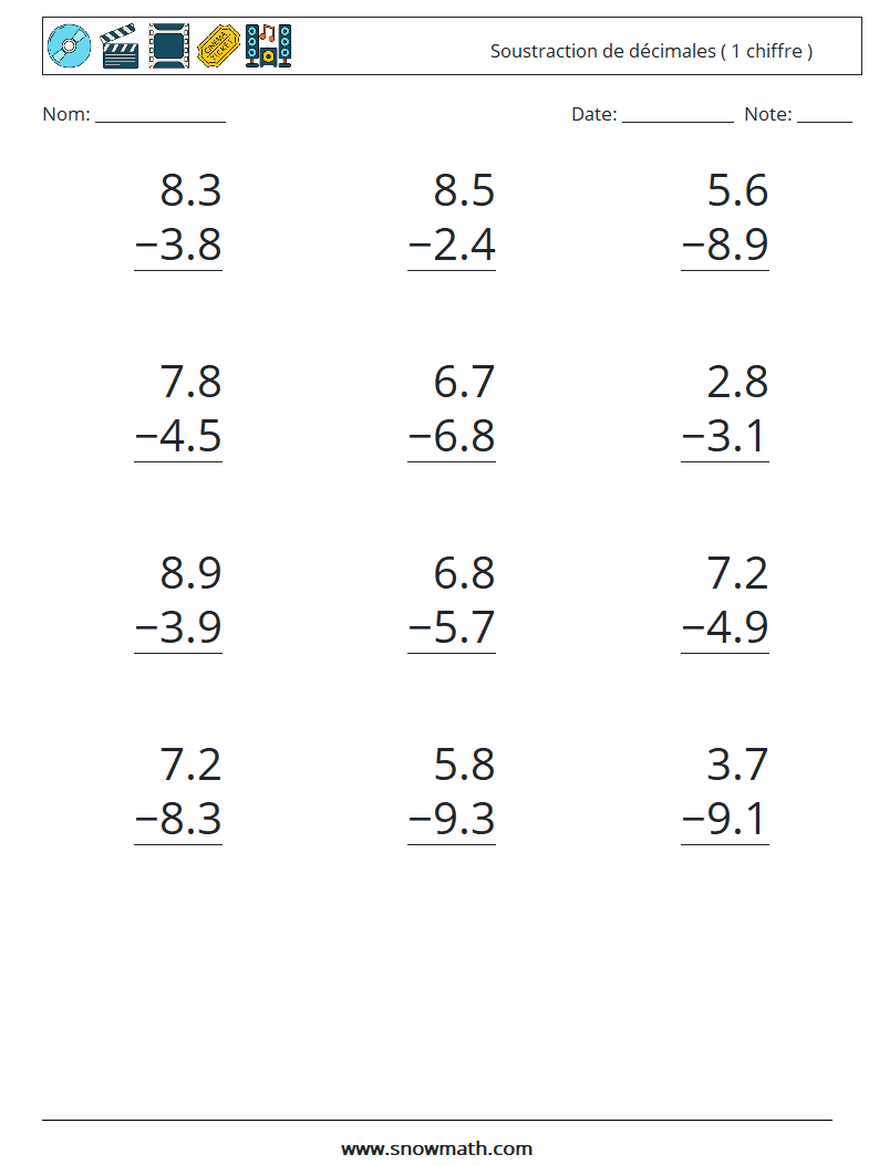 (12) Soustraction de décimales ( 1 chiffre ) Fiches d'Exercices de Mathématiques 8