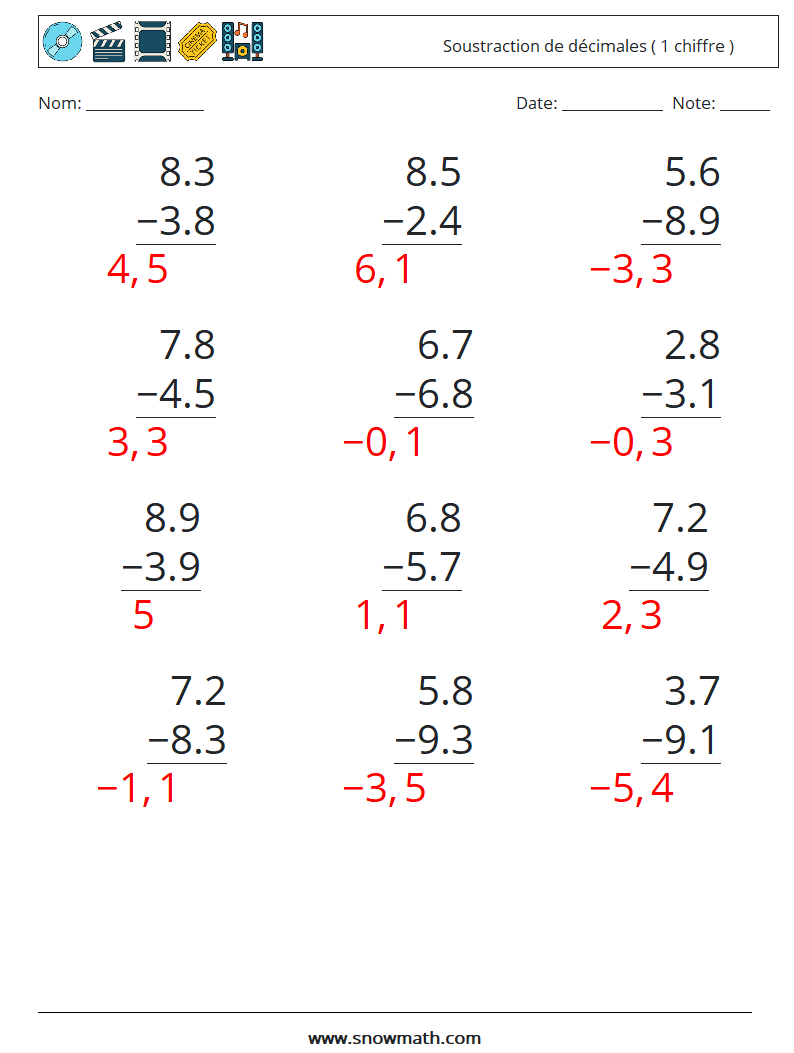 (12) Soustraction de décimales ( 1 chiffre ) Fiches d'Exercices de Mathématiques 8 Question, Réponse