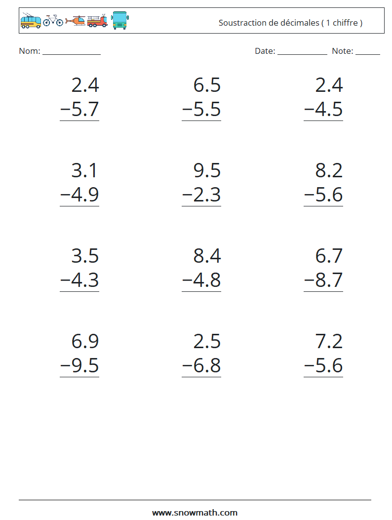 (12) Soustraction de décimales ( 1 chiffre ) Fiches d'Exercices de Mathématiques 9