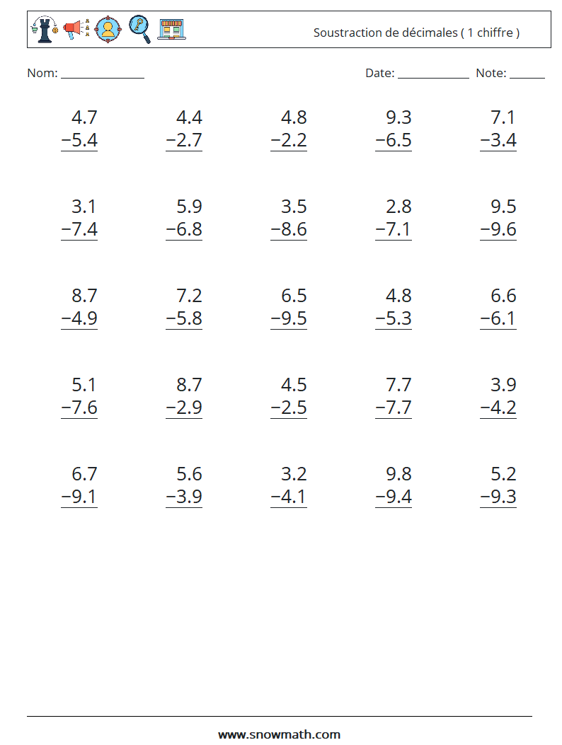 (25) Soustraction de décimales ( 1 chiffre ) Fiches d'Exercices de Mathématiques 1