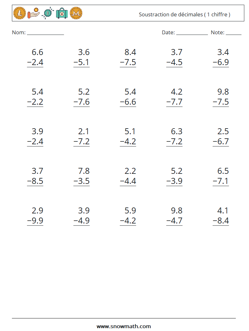 (25) Soustraction de décimales ( 1 chiffre ) Fiches d'Exercices de Mathématiques 10