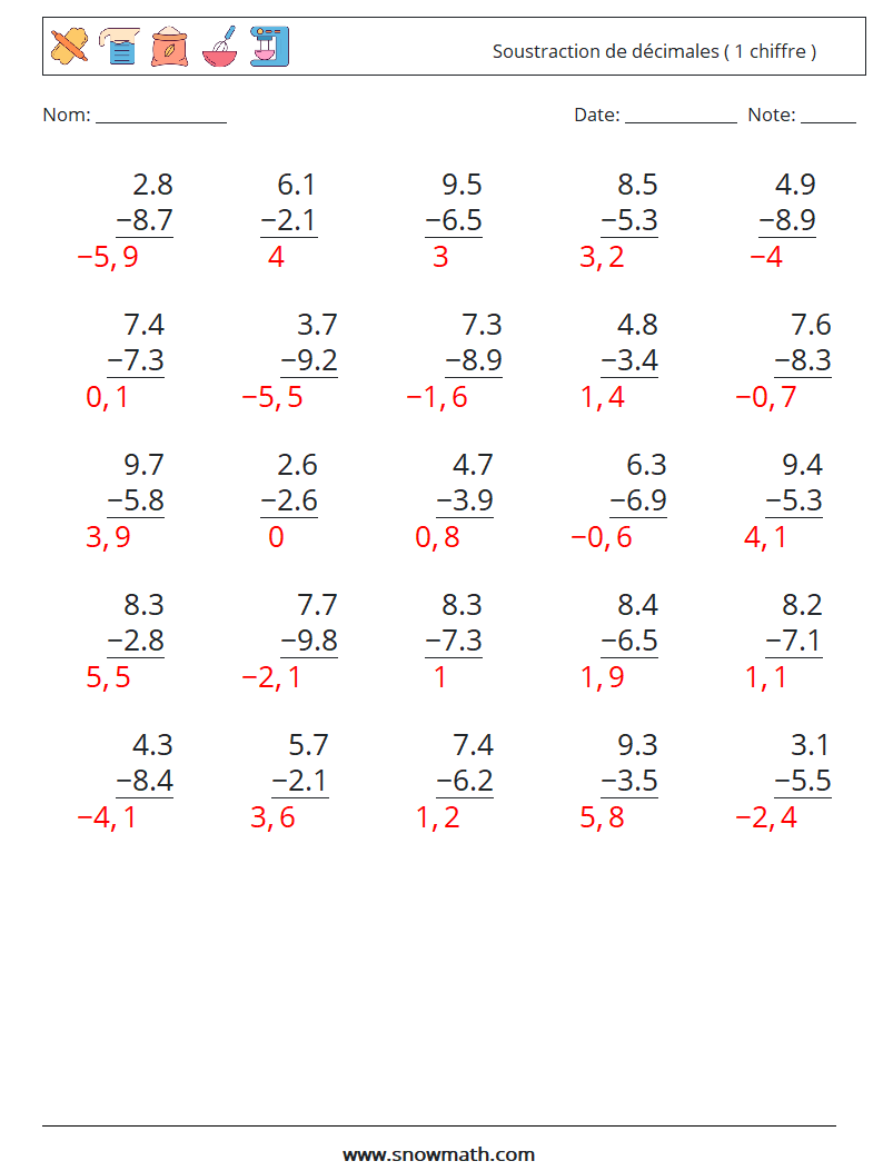 (25) Soustraction de décimales ( 1 chiffre ) Fiches d'Exercices de Mathématiques 11 Question, Réponse