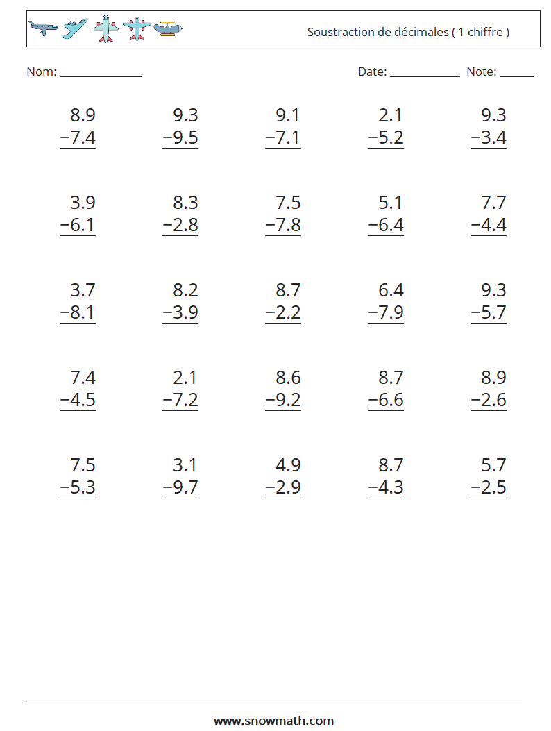 (25) Soustraction de décimales ( 1 chiffre ) Fiches d'Exercices de Mathématiques 14