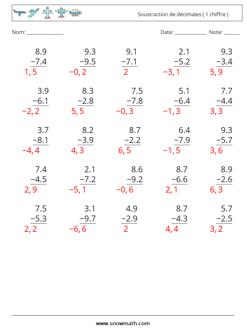 (25) Soustraction de décimales ( 1 chiffre ) Fiches d'Exercices de Mathématiques 14 Question, Réponse