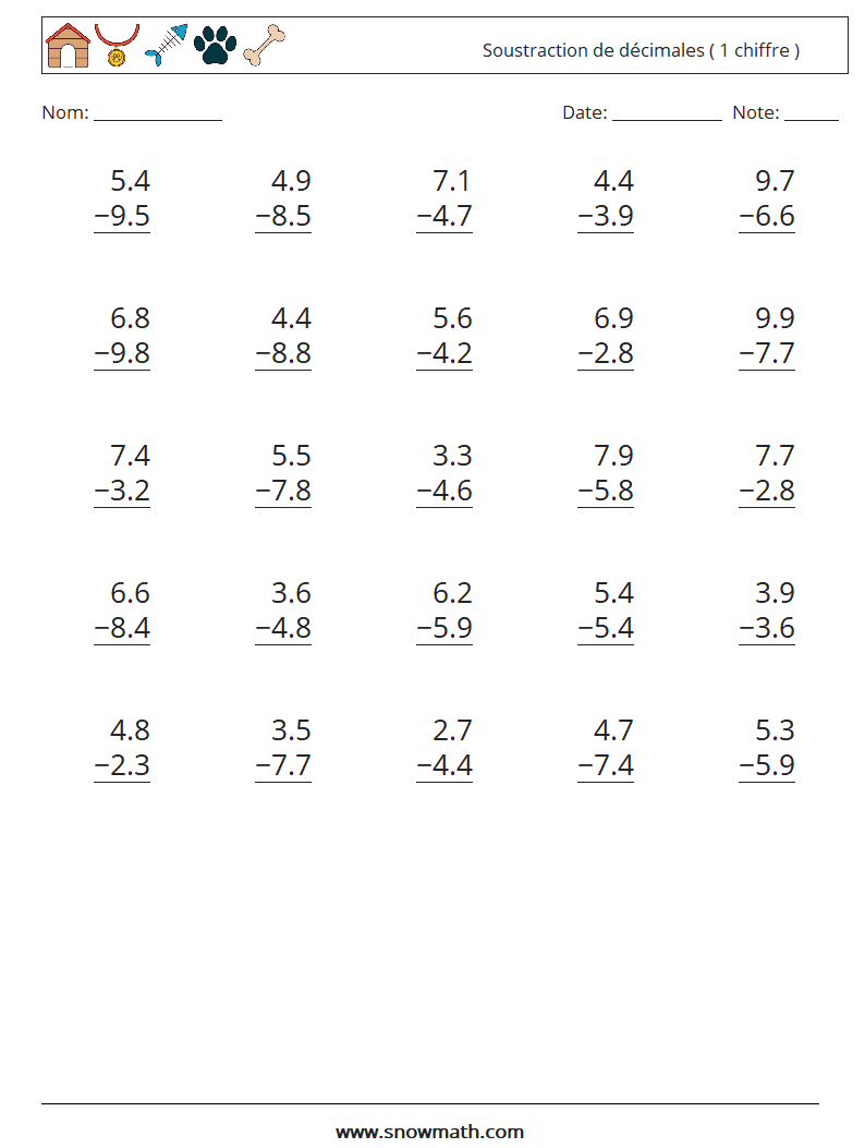 (25) Soustraction de décimales ( 1 chiffre ) Fiches d'Exercices de Mathématiques 17