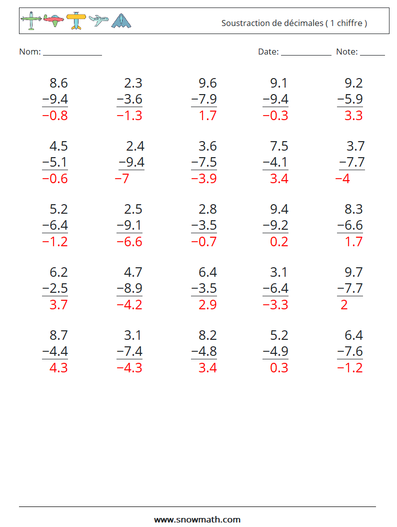 (25) Soustraction de décimales ( 1 chiffre ) Fiches d'Exercices de Mathématiques 2 Question, Réponse