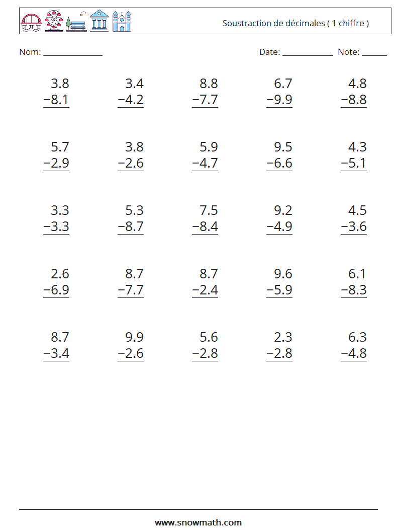 (25) Soustraction de décimales ( 1 chiffre ) Fiches d'Exercices de Mathématiques 6