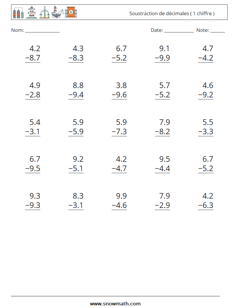 (25) Soustraction de décimales ( 1 chiffre ) Fiches d'Exercices de Mathématiques 7