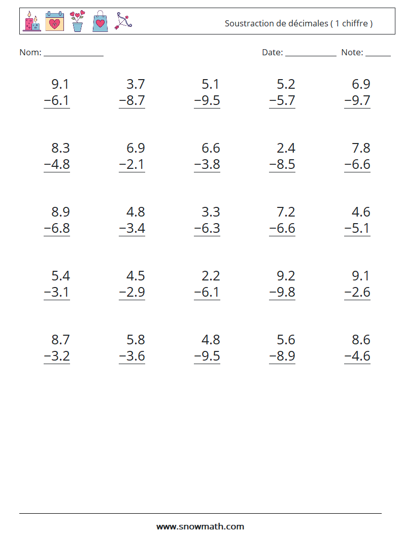 (25) Soustraction de décimales ( 1 chiffre ) Fiches d'Exercices de Mathématiques 8