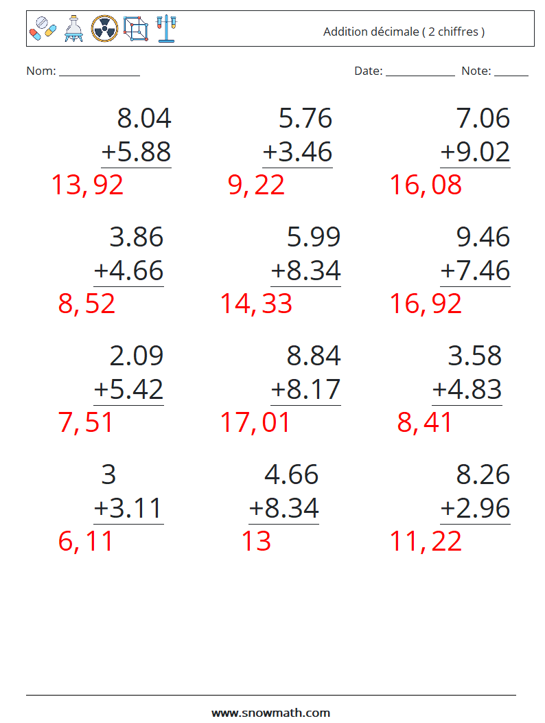 (12) Addition décimale ( 2 chiffres ) Fiches d'Exercices de Mathématiques 11 Question, Réponse