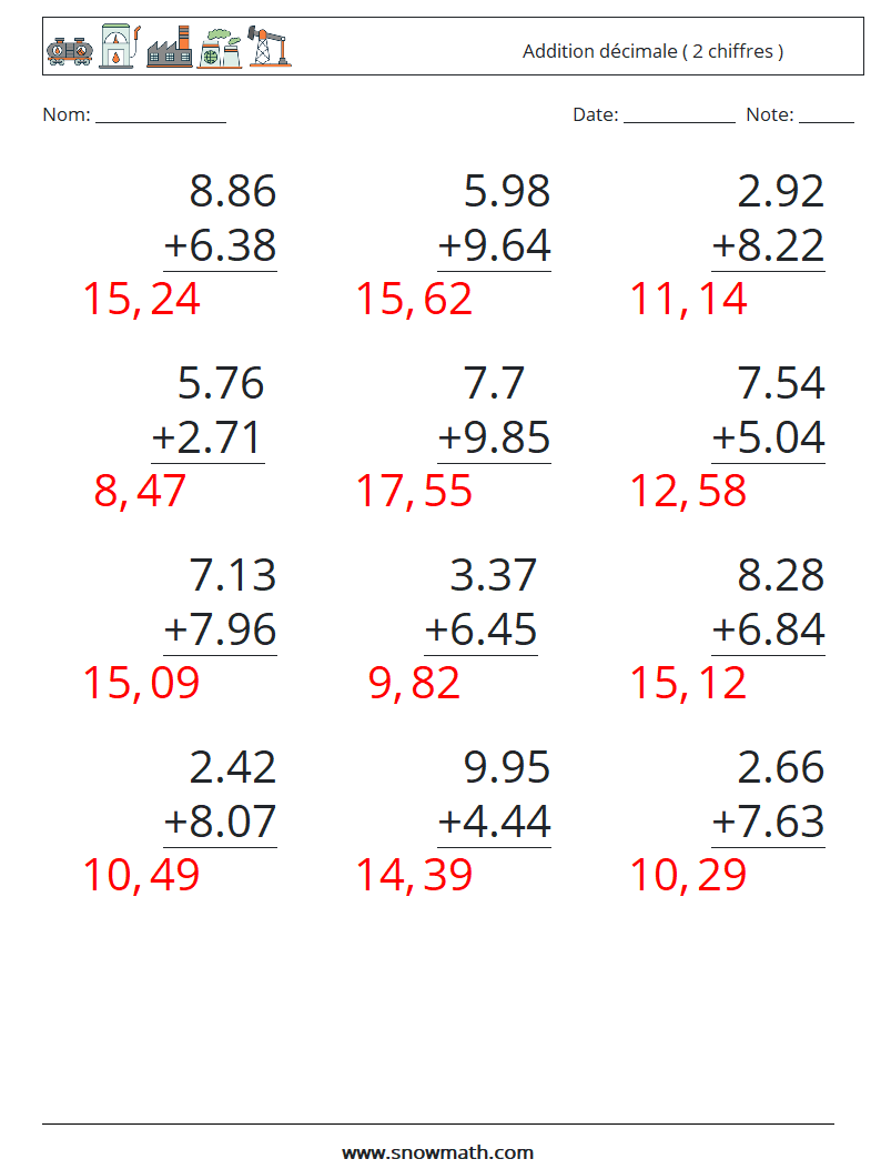 (12) Addition décimale ( 2 chiffres ) Fiches d'Exercices de Mathématiques 12 Question, Réponse