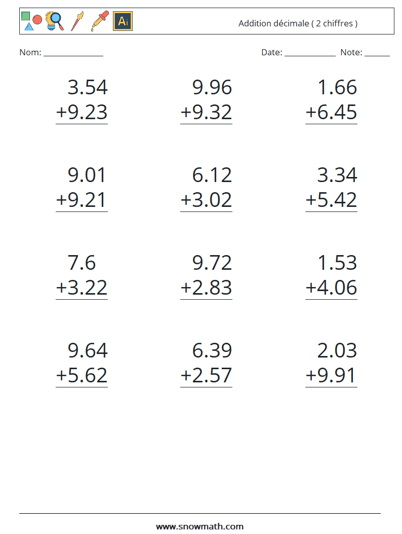 (12) Addition décimale ( 2 chiffres ) Fiches d'Exercices de Mathématiques 14