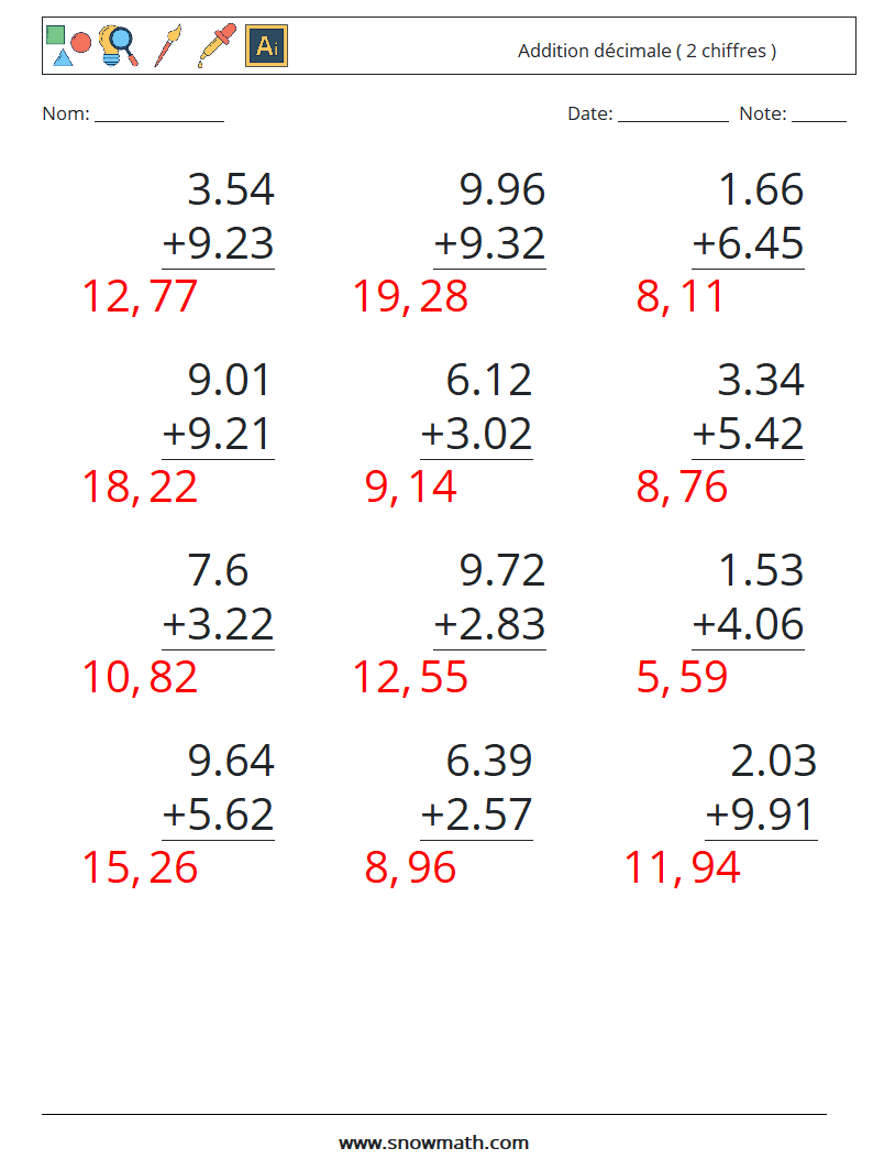 (12) Addition décimale ( 2 chiffres ) Fiches d'Exercices de Mathématiques 14 Question, Réponse