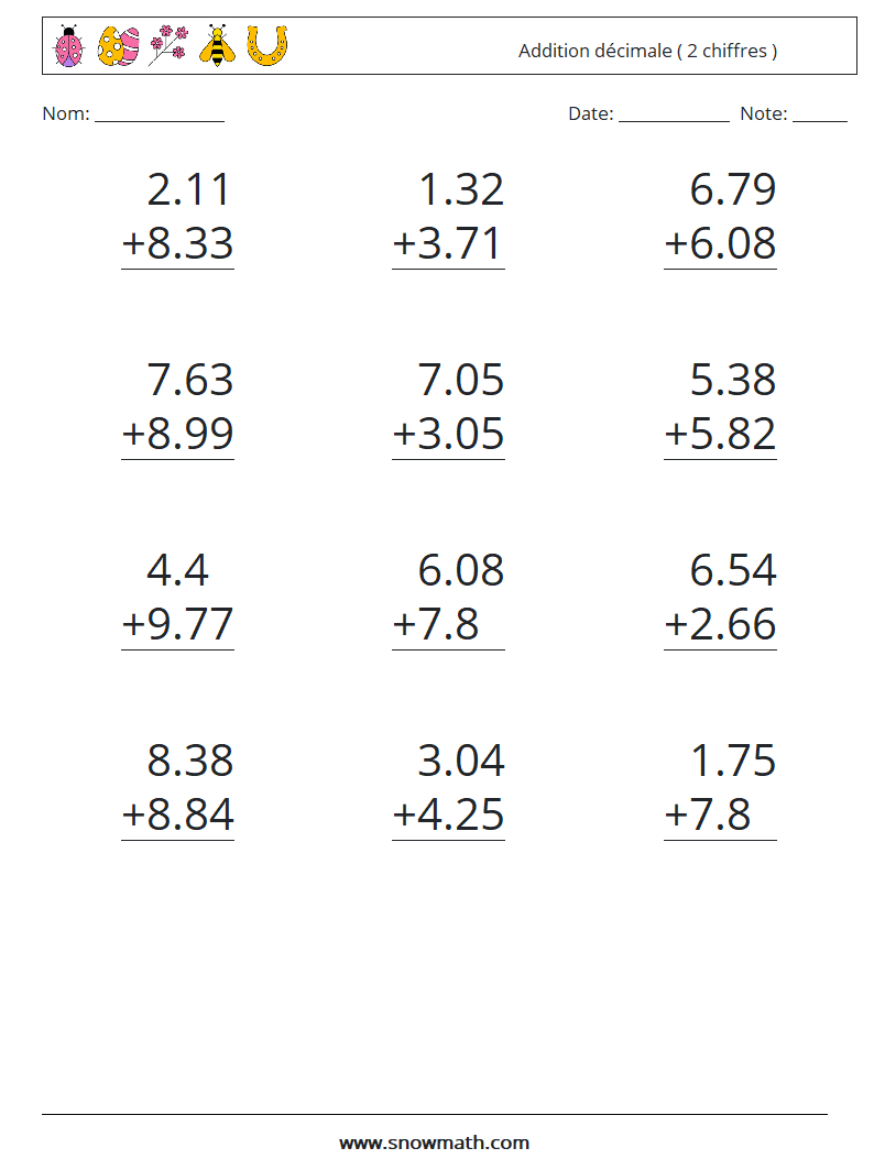 (12) Addition décimale ( 2 chiffres ) Fiches d'Exercices de Mathématiques 15