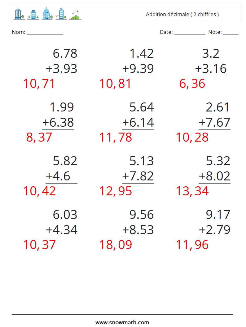 (12) Addition décimale ( 2 chiffres ) Fiches d'Exercices de Mathématiques 16 Question, Réponse