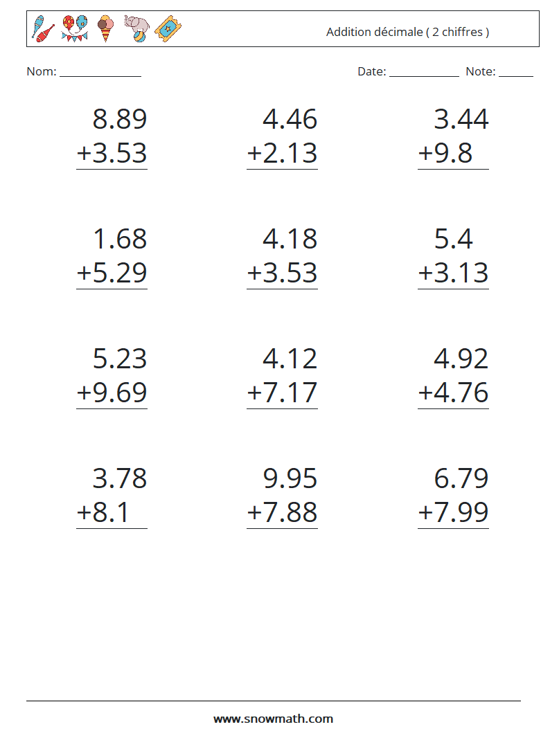 (12) Addition décimale ( 2 chiffres ) Fiches d'Exercices de Mathématiques 17