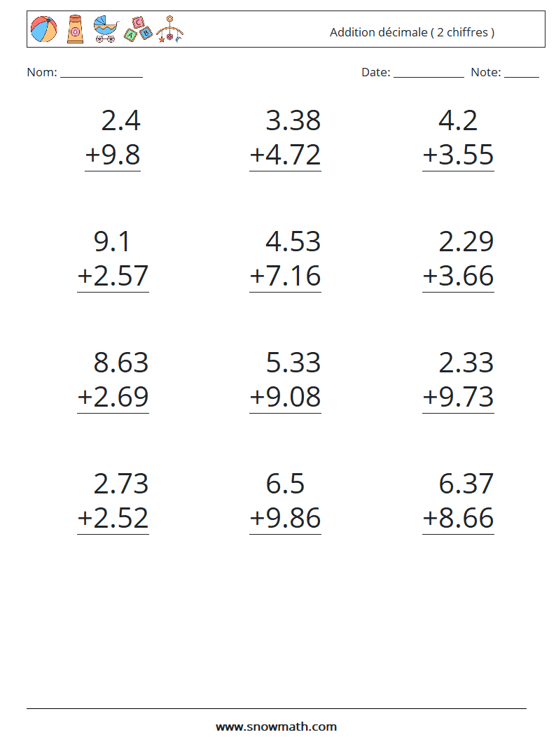 (12) Addition décimale ( 2 chiffres ) Fiches d'Exercices de Mathématiques 3