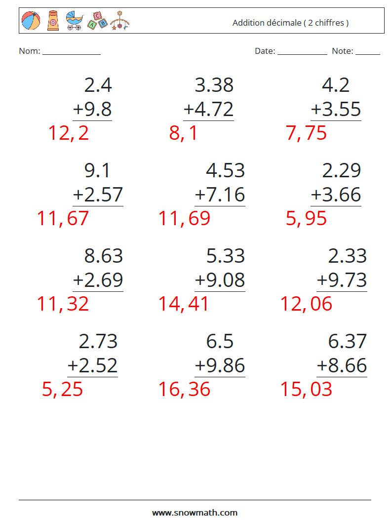 (12) Addition décimale ( 2 chiffres ) Fiches d'Exercices de Mathématiques 3 Question, Réponse