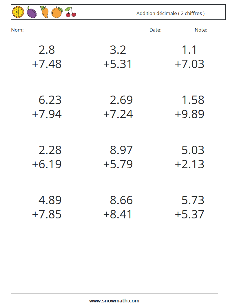 (12) Addition décimale ( 2 chiffres ) Fiches d'Exercices de Mathématiques 4