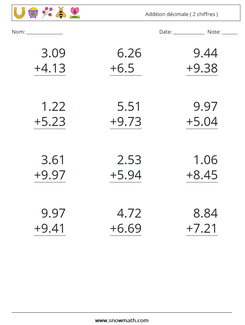 (12) Addition décimale ( 2 chiffres ) Fiches d'Exercices de Mathématiques 5