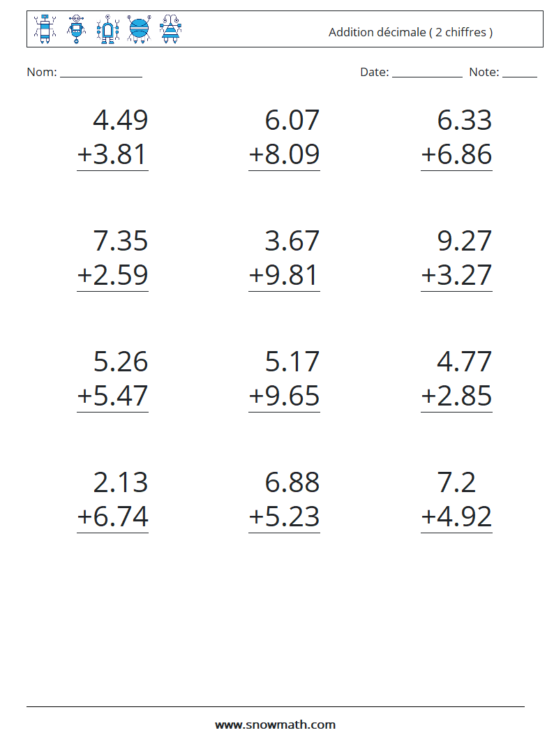 (12) Addition décimale ( 2 chiffres ) Fiches d'Exercices de Mathématiques 6