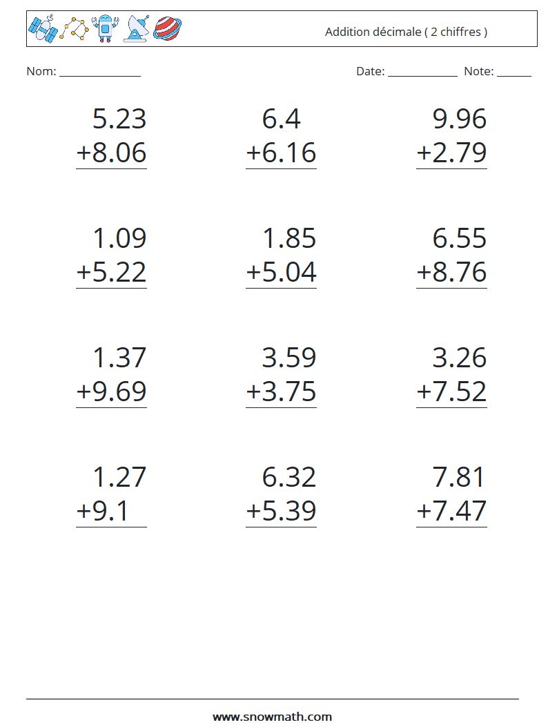 (12) Addition décimale ( 2 chiffres ) Fiches d'Exercices de Mathématiques 7