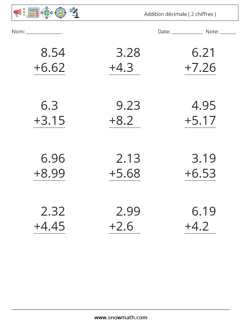 (12) Addition décimale ( 2 chiffres ) Fiches d'Exercices de Mathématiques 9
