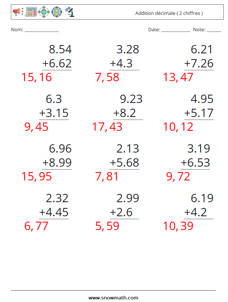 (12) Addition décimale ( 2 chiffres ) Fiches d'Exercices de Mathématiques 9 Question, Réponse