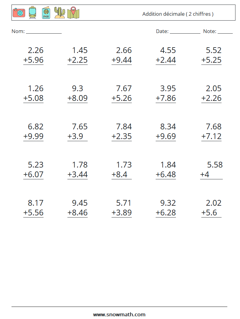 (25) Addition décimale ( 2 chiffres ) Fiches d'Exercices de Mathématiques 1