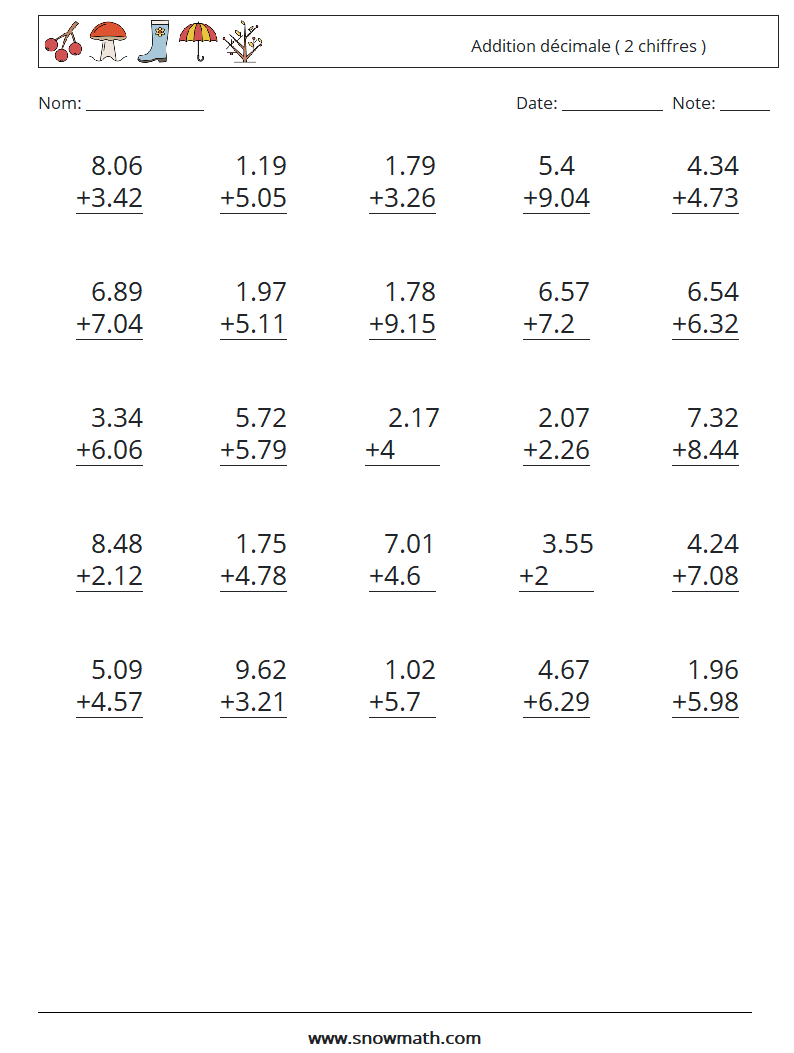 (25) Addition décimale ( 2 chiffres ) Fiches d'Exercices de Mathématiques 10