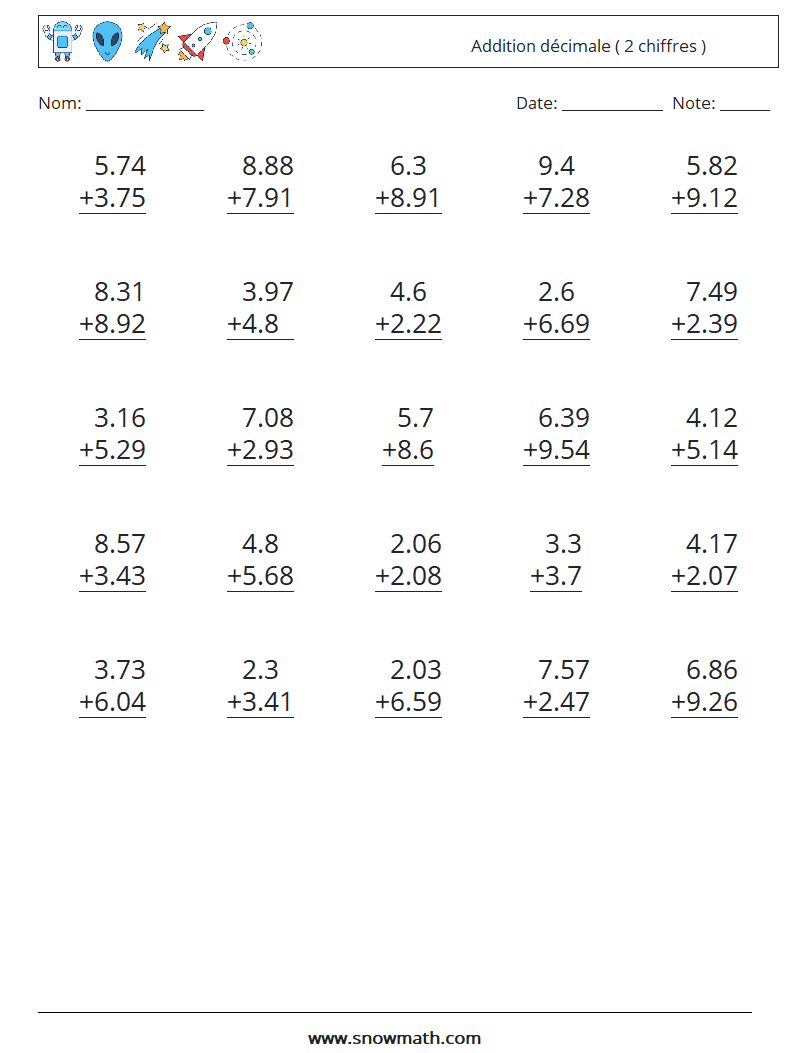 (25) Addition décimale ( 2 chiffres ) Fiches d'Exercices de Mathématiques 11