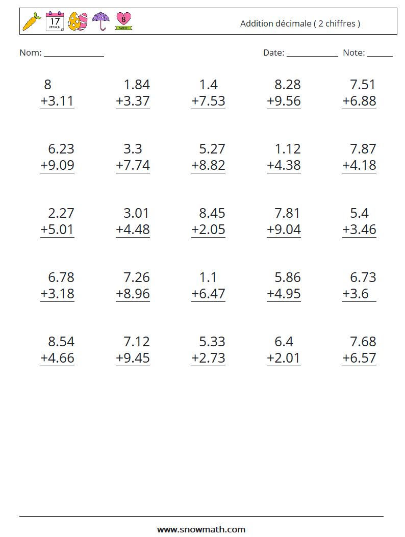 (25) Addition décimale ( 2 chiffres ) Fiches d'Exercices de Mathématiques 12