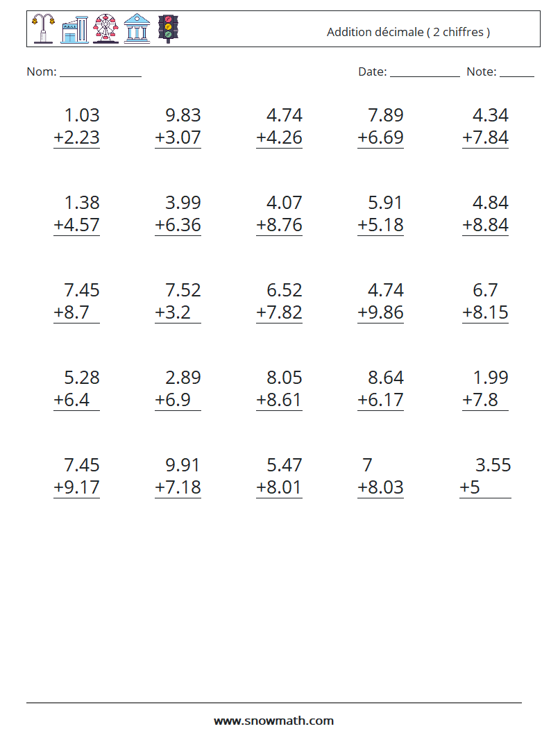 (25) Addition décimale ( 2 chiffres ) Fiches d'Exercices de Mathématiques 13