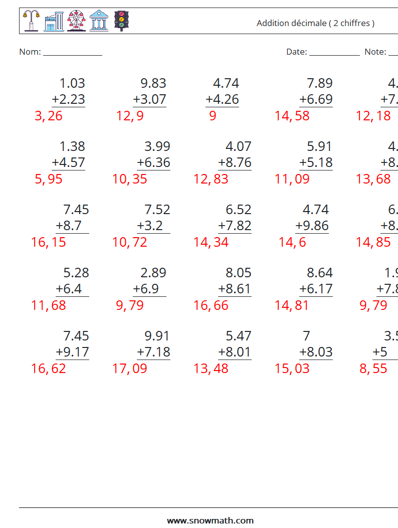 (25) Addition décimale ( 2 chiffres ) Fiches d'Exercices de Mathématiques 13 Question, Réponse