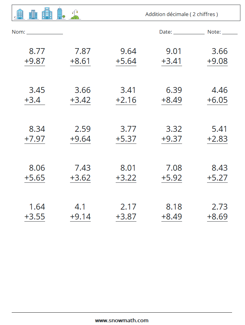 (25) Addition décimale ( 2 chiffres ) Fiches d'Exercices de Mathématiques 14